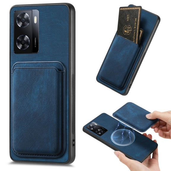 For OPPO A57 4G Retro Leather Card Bag Magnetic Phone Case(Blue)