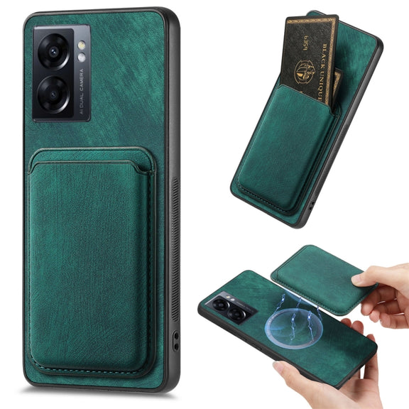 For OPPO A57 5G Retro Leather Card Bag Magnetic Phone Case(Green)