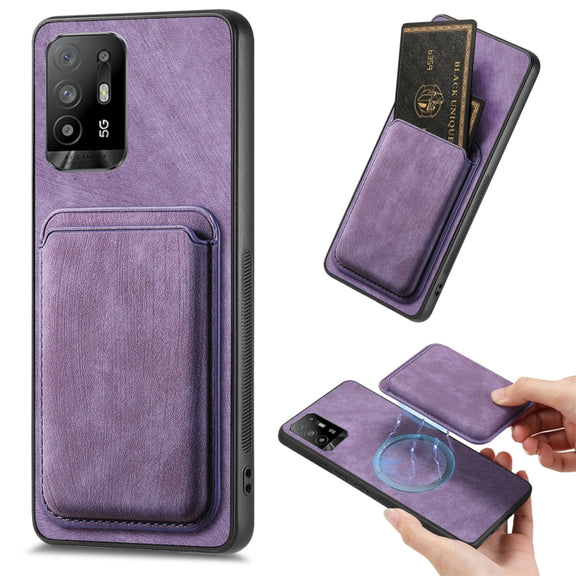 For OPPO F19 Pro+ Retro Leather Card Bag Magnetic Phone Case(Purple)