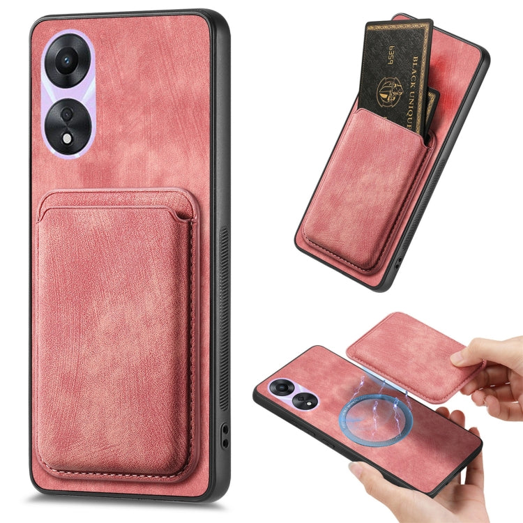 For OPPO A78 5G / A58 5G Retro Leather Card Bag Magnetic Phone Case(Pink)