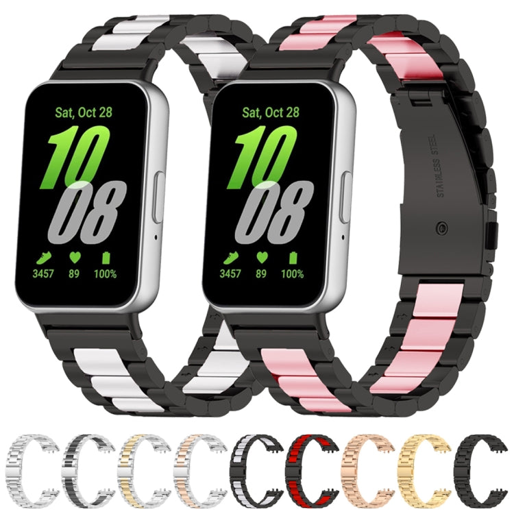 For Samsung Galaxy Fit 3 SM-R390 Three Bead Stainless Steel Metal Watch Band(Black+Silver)