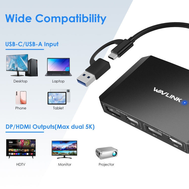 WAVLINK WL-UG69DH2 Dual Monitor USB+Type-C to Dual 4K HD DisplayPort Adapter Splitter(Silver)