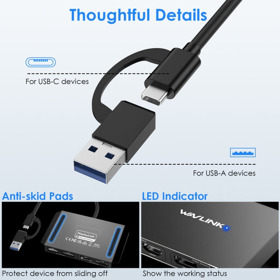 WAVLINK WL-UG69DH2 Dual Monitor USB+Type-C to Dual 4K HD DisplayPort Adapter Splitter(Silver)