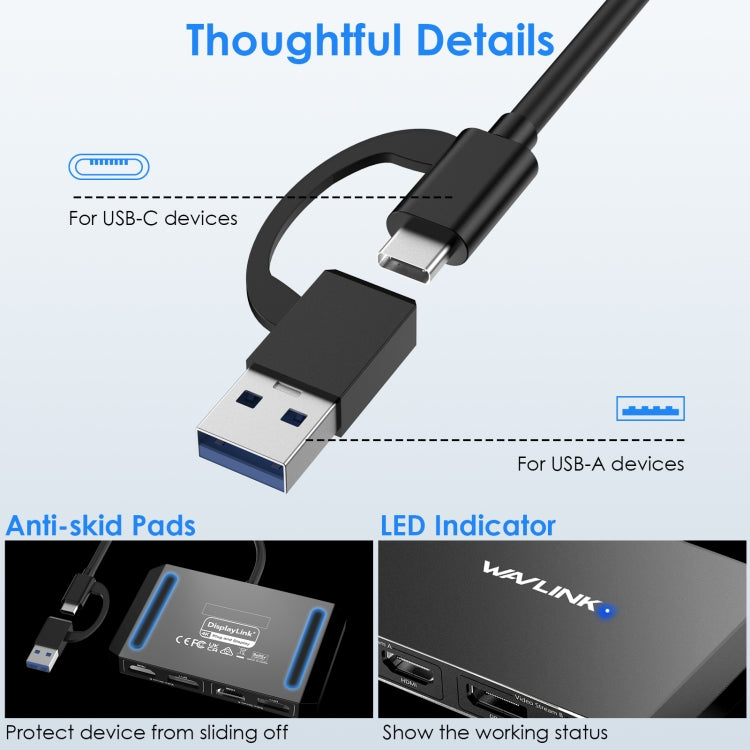 WAVLINK WL-UG69DH2 Dual Monitor USB+Type-C to Dual 4K HD DisplayPort Adapter Splitter(Silver)