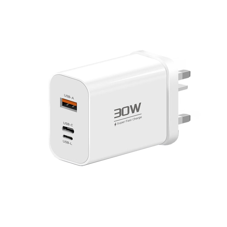 PD30W USB-C / Type-C + 8 Pin + USB-A Reverse Charger Suitable for iPhone Series(UK Plug)