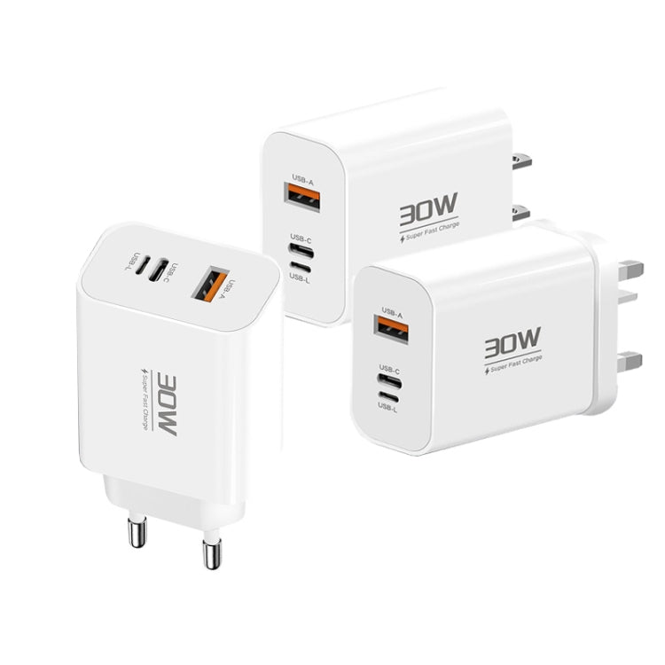 PD30W USB-C / Type-C + 8 Pin + USB-A Reverse Charger Suitable for iPhone Series(UK Plug)