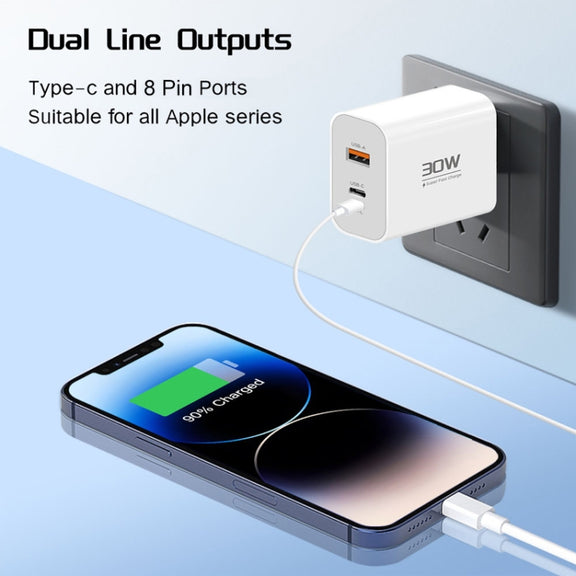 PD30W USB-C / Type-C + 8 Pin + USB-A Reverse Charger Suitable for iPhone Series(UK Plug)