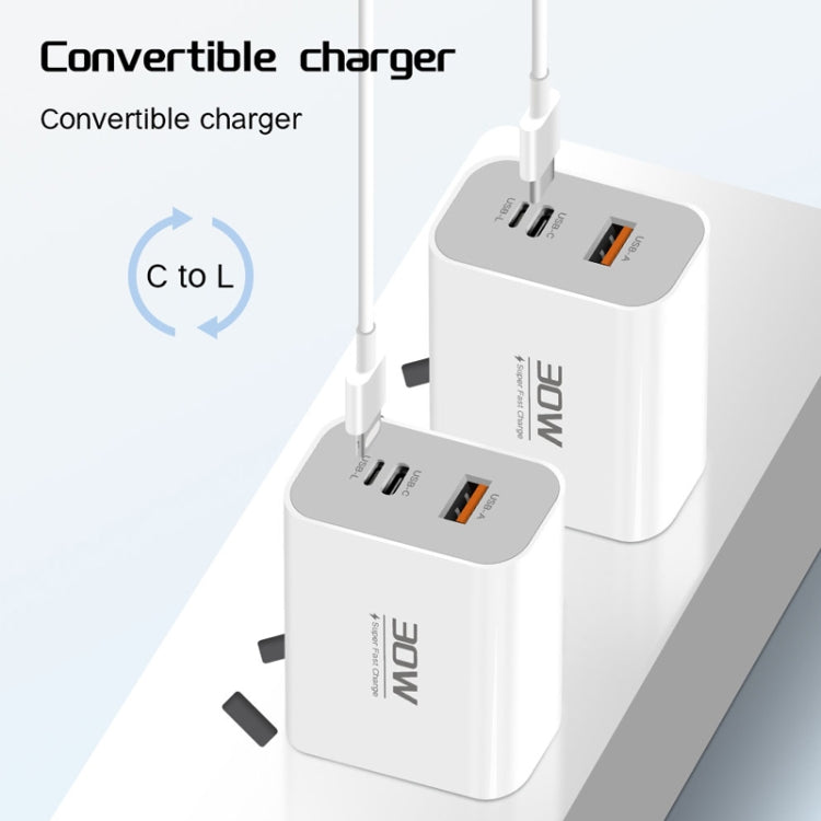 PD30W USB-C / Type-C + 8 Pin + USB-A Reverse Charger Suitable for iPhone Series(UK Plug)