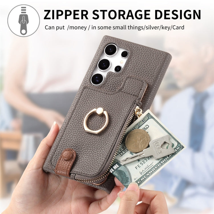 For Samsung Galaxy S24 Ultra 5G Litchi Leather Oil Edge Ring Zipper Wallet Back Phone Case(Grey)