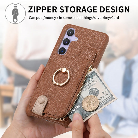 For Samsung Galaxy S24 5G Litchi Leather Oil Edge Ring Zipper Wallet Back Phone Case(Brown)