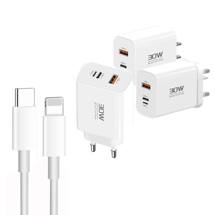 PD30W USB-C / Type-C + 8 Pin + USB Charger with Type-C to 8 Pin Date Cable(US Plug)