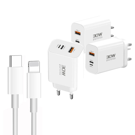 PD30W USB-C / Type-C + 8 Pin + USB Charger with Type-C to 8 Pin Date Cable(US Plug)