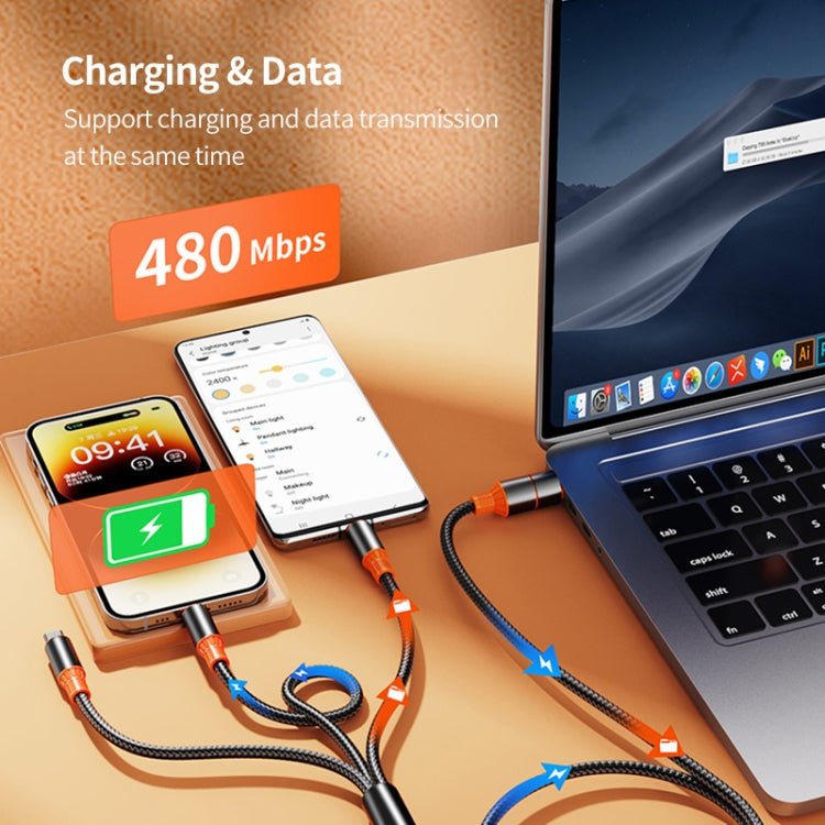 ENKAY 6-in-1 5A USB + Type-C to Type-C / 8 Pin / Micro USB Multifunction Fast Charging Cable, Length:1.2m(Black Orange)