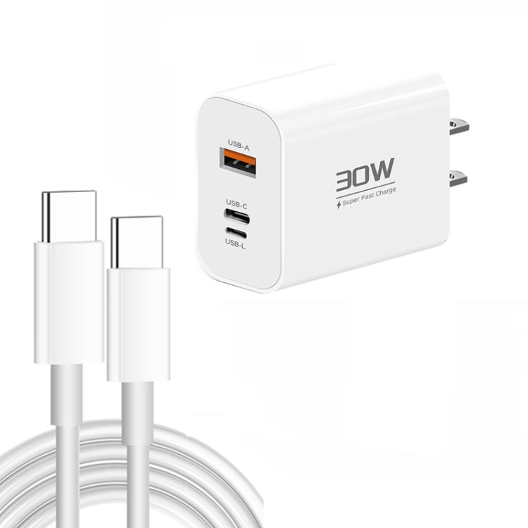 PD30W USB-C / Type-C + 8 Pin + USB Charger with Double Headed Type-C Data Cable(US Plug)