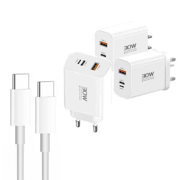 PD30W USB-C / Type-C + 8 Pin + USB Charger with Double Headed Type-C Data Cable(US Plug)