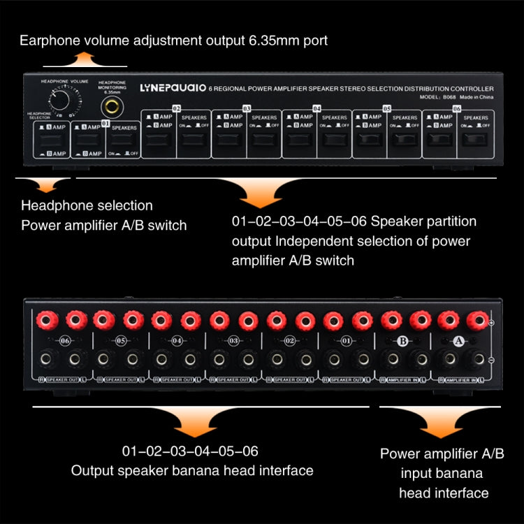 B06 82 In 6 Out Power Amplifier Speaker Selector 6 Region Stereo Speaker Switcher