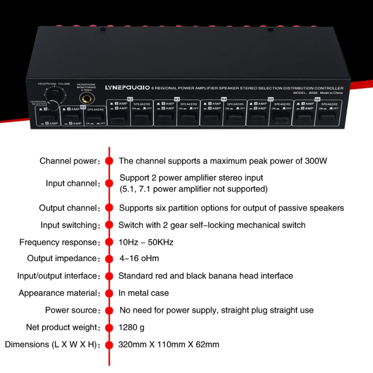 B06 82 In 6 Out Power Amplifier Speaker Selector 6 Region Stereo Speaker Switcher
