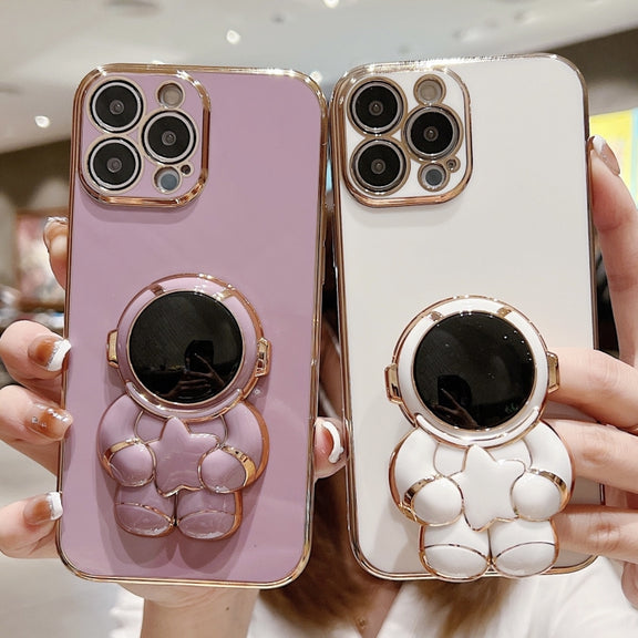 For iPhone 16 Embrace Stars Electroplating Astronaut Holder Phone Case(Black)