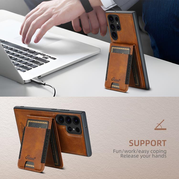 For Samsung Galaxy S25 Ultra 5G Suteni H17 Oil Eax Leather MagSafe Detachable Wallet Phone Case(Brown)