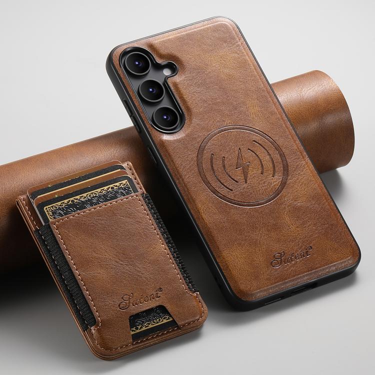 For Samsung Galaxy S25+ 5G Suteni H17 Oil Eax Leather MagSafe Detachable Wallet Phone Case(Brown)