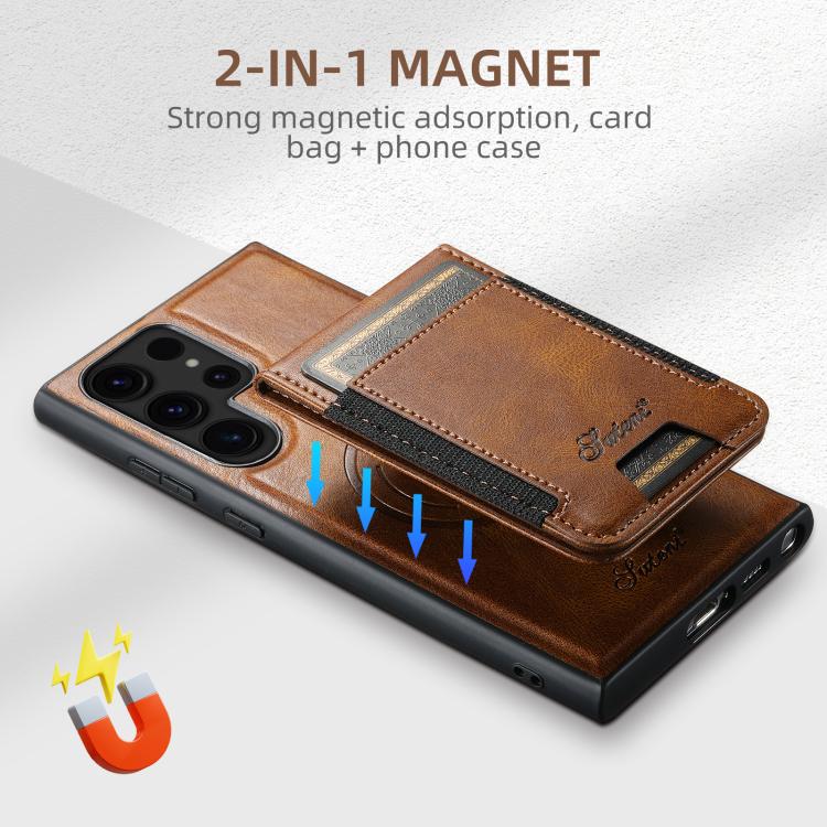 For Samsung Galaxy S25+ 5G Suteni H17 Oil Eax Leather MagSafe Detachable Wallet Phone Case(Brown)