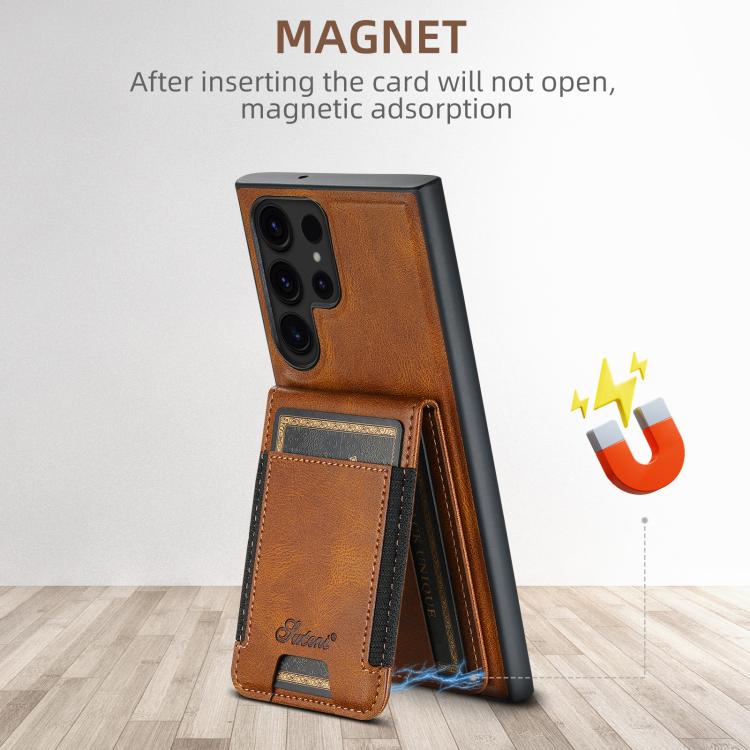 For Samsung Galaxy S25+ 5G Suteni H17 Oil Eax Leather MagSafe Detachable Wallet Phone Case(Brown)