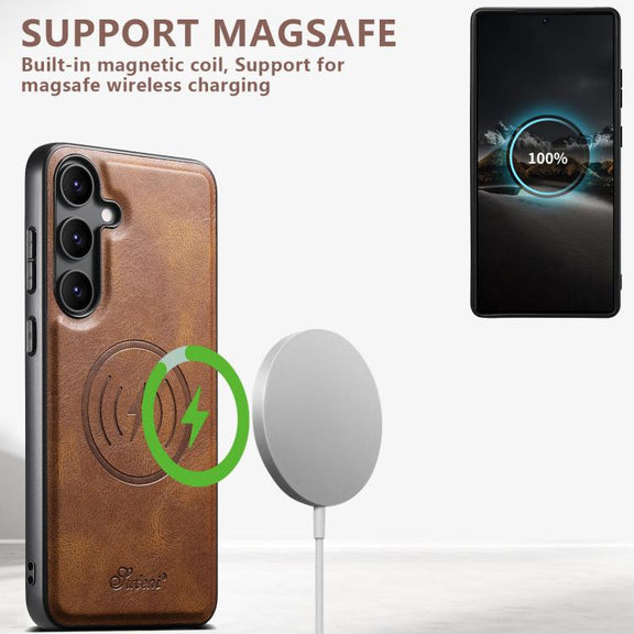 For Samsung Galaxy S25+ 5G Suteni H17 Oil Eax Leather MagSafe Detachable Wallet Phone Case(Brown)