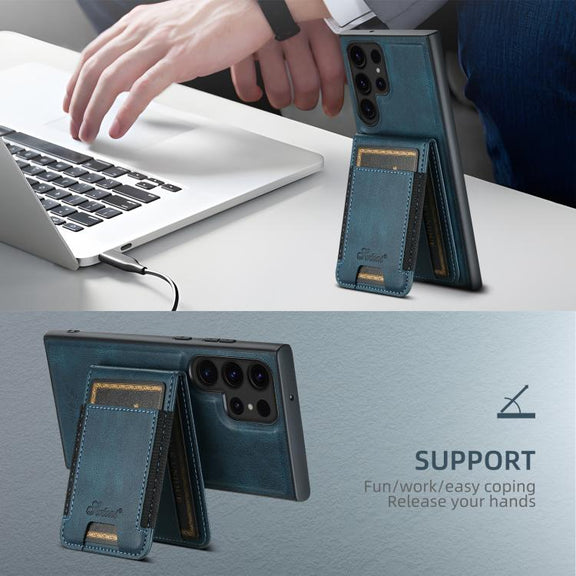 For Samsung Galaxy S25+ 5G Suteni H17 Oil Eax Leather MagSafe Detachable Wallet Phone Case(Blue)