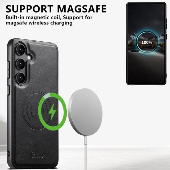 For Samsung Galaxy S25 5G Suteni H17 Oil Eax Leather MagSafe Detachable Wallet Phone Case(Black)