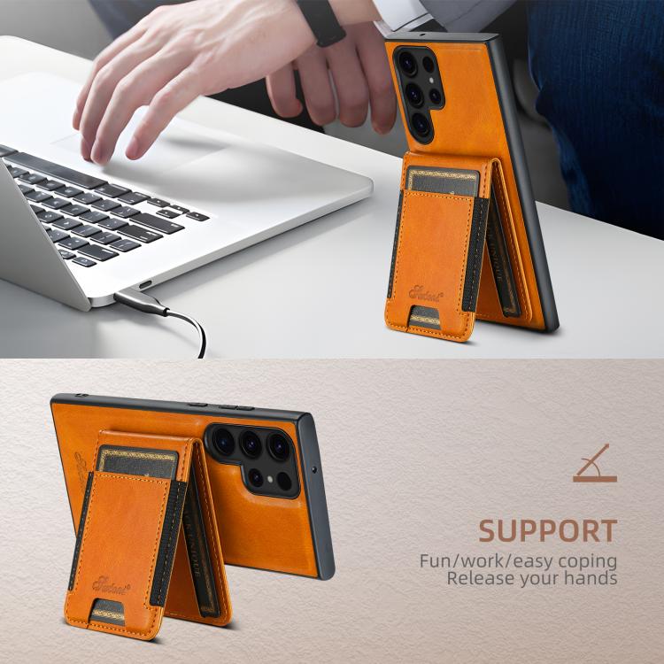 For Samsung Galaxy S25 5G Suteni H17 Oil Eax Leather MagSafe Detachable Wallet Phone Case(Khaki)