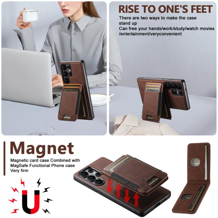For Samsung Galaxy S25 5G Suteni H17 Litchi Texture Leather MagSafe Detachable Wallet Phone Case(Brown)