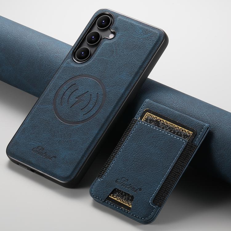 For Samsung Galaxy S25 5G Suteni H17 Litchi Texture Leather MagSafe Detachable Wallet Phone Case(Blue)