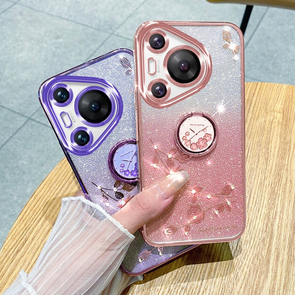 For Huawei Pura 70 Gradient Glitter Immortal Flower Ring All-inclusive Phone Case(Blue)