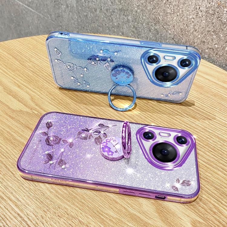 For Huawei Pura 70 Gradient Glitter Immortal Flower Ring All-inclusive Phone Case(Blue)