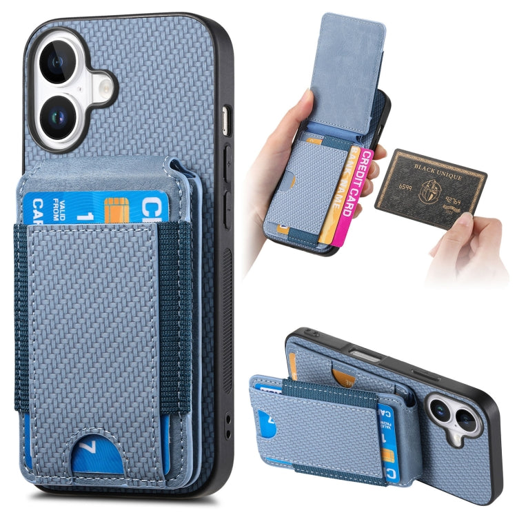 For iPhone 16 Carbon Fiber Vertical Flip Wallet Stand Phone Case(Blue)