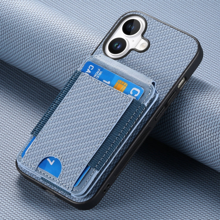 For iPhone 16 Carbon Fiber Vertical Flip Wallet Stand Phone Case(Blue)