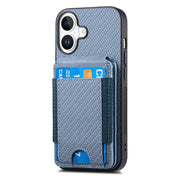 For iPhone 16 Carbon Fiber Vertical Flip Wallet Stand Phone Case(Blue)