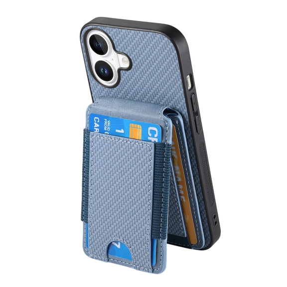 For iPhone 16 Carbon Fiber Vertical Flip Wallet Stand Phone Case(Blue)
