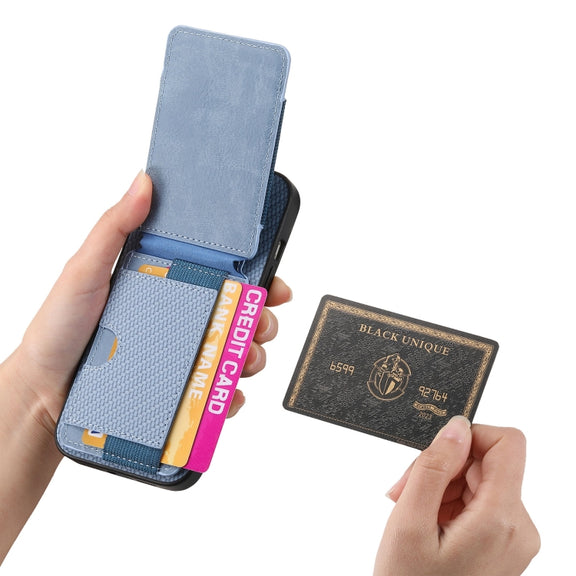 For iPhone 16 Carbon Fiber Vertical Flip Wallet Stand Phone Case(Blue)