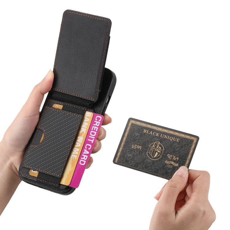 For iPhone 16 Carbon Fiber Vertical Flip Wallet Stand Phone Case(Black)