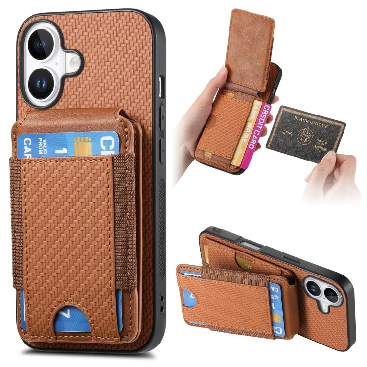 For iPhone 16 Carbon Fiber Vertical Flip Wallet Stand Phone Case(Brown)