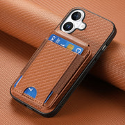 For iPhone 16 Carbon Fiber Vertical Flip Wallet Stand Phone Case(Brown)