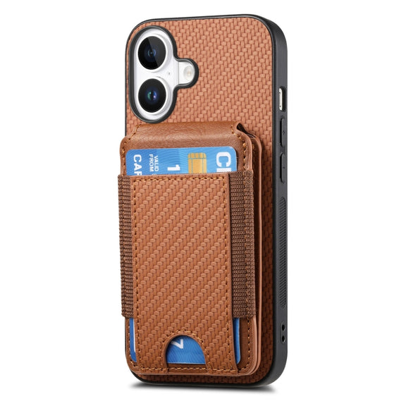 For iPhone 16 Carbon Fiber Vertical Flip Wallet Stand Phone Case(Brown)