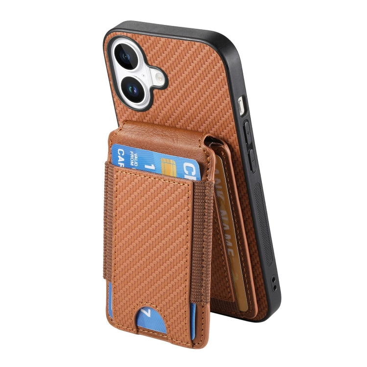 For iPhone 16 Carbon Fiber Vertical Flip Wallet Stand Phone Case(Brown)