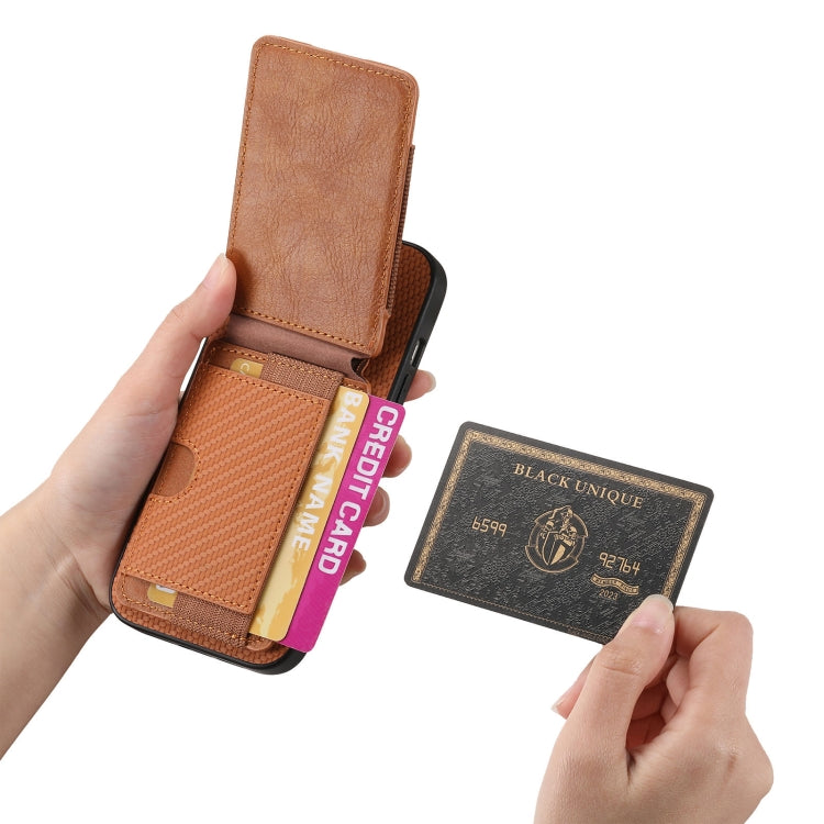 For iPhone 16 Carbon Fiber Vertical Flip Wallet Stand Phone Case(Brown)