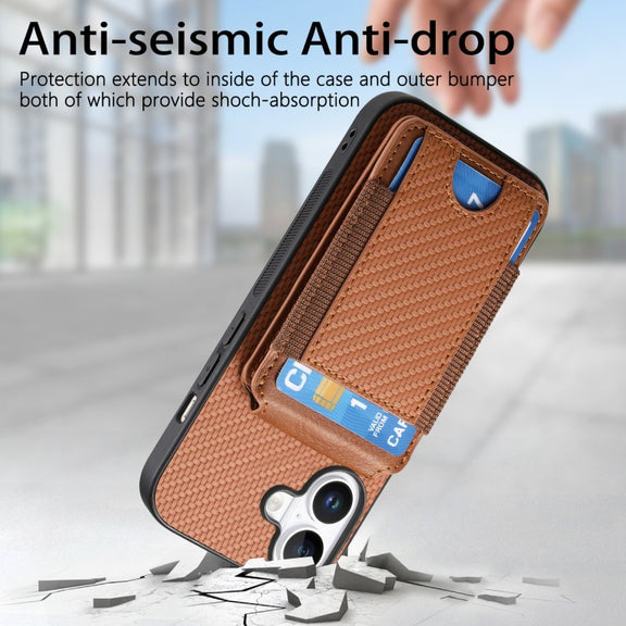 For iPhone 16 Carbon Fiber Vertical Flip Wallet Stand Phone Case(Brown)