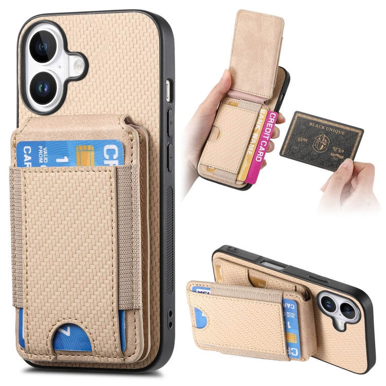 For iPhone 16 Carbon Fiber Vertical Flip Wallet Stand Phone Case(Khaki)