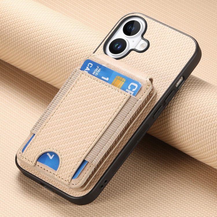 For iPhone 16 Carbon Fiber Vertical Flip Wallet Stand Phone Case(Khaki)