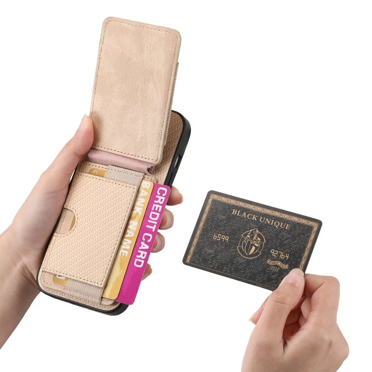 For iPhone 16 Carbon Fiber Vertical Flip Wallet Stand Phone Case(Khaki)