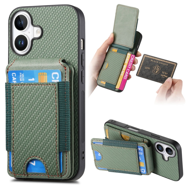 For iPhone 16 Carbon Fiber Vertical Flip Wallet Stand Phone Case(Green)